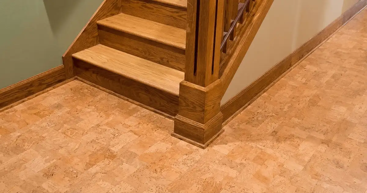 End of a staircase with cork flooring in Kansas City, KS