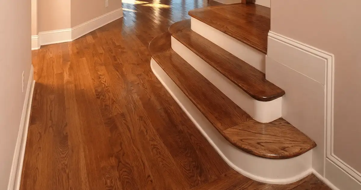 Base floor of a staircase with professionally restored wood flooring in Kansas City KS