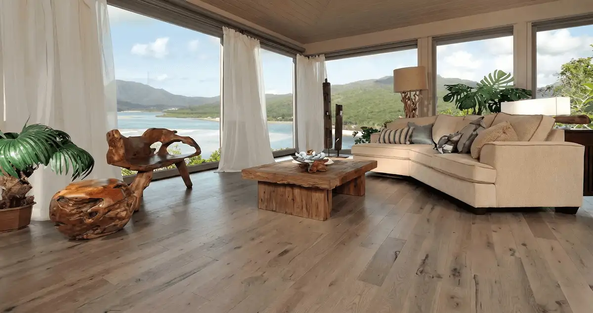 Professionally installed vinyl flooring in a modern living room with large windows in Kansas City, KS
